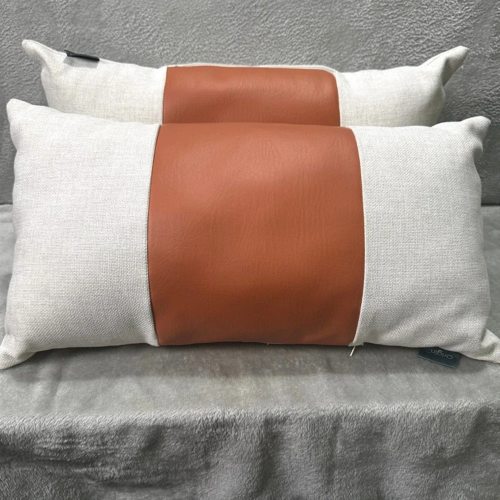 Set of 2 MCM Style Lumbar Throw Pillows Ivory Linen Faux Leather Minimalist